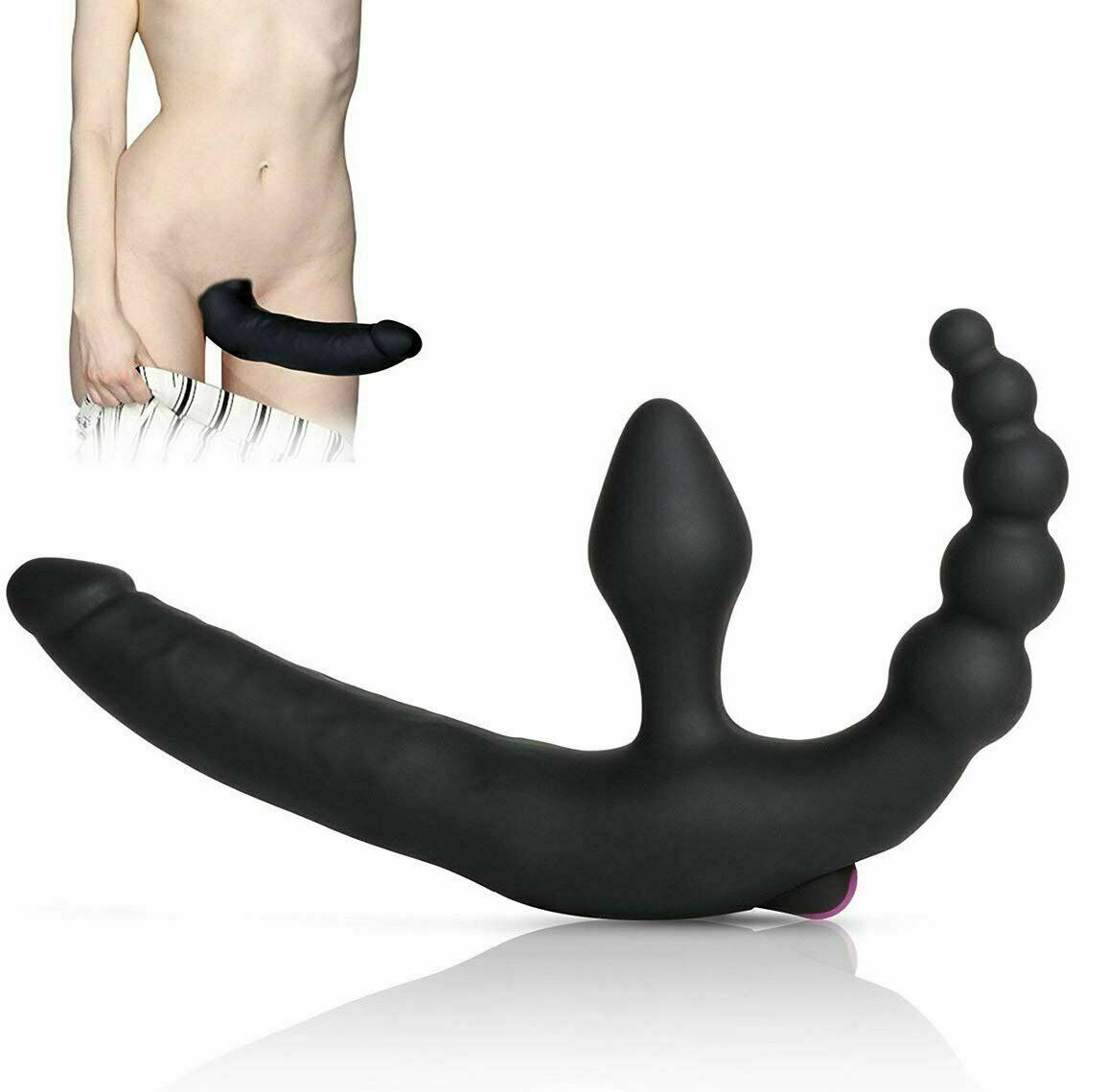 Plug Strap-On Dildo Three Way Strapless Seamless Silicone Power Bulletimg